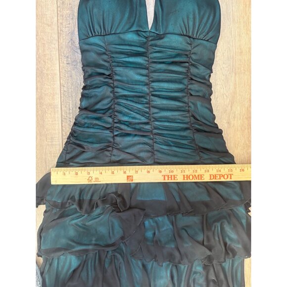 VTG 80s City Triangles Halter Dress Ruched Ruffled Hem Sm Black Teal Stretch Whi - Picture 5 of 8